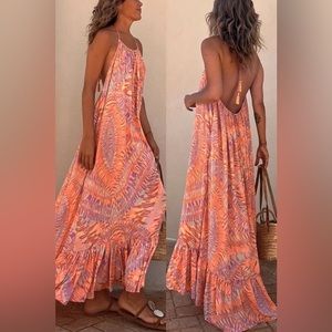 Sunita Ethnic Print A-line Halter Tassel Vacation Maxi Dress